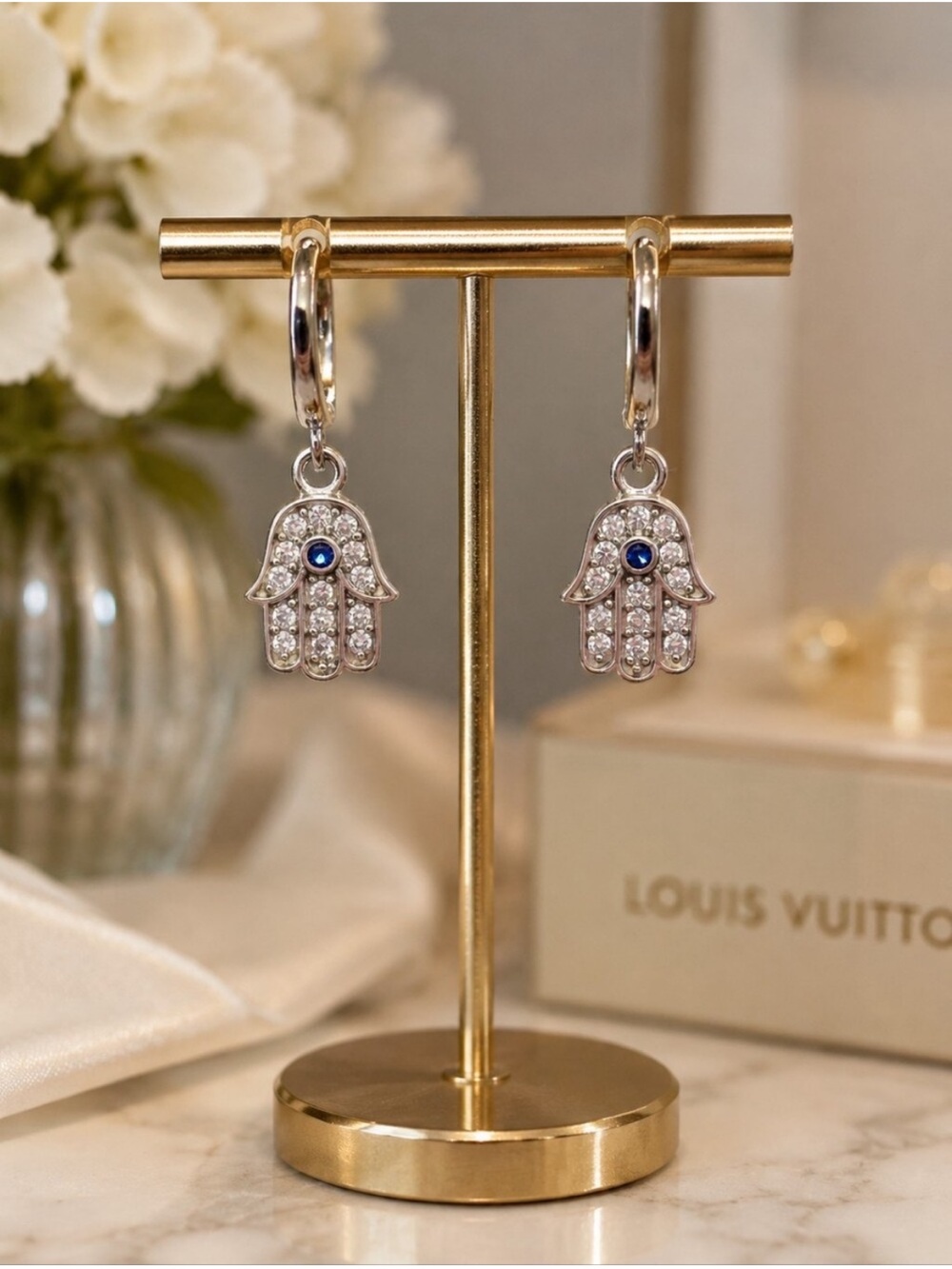 Silver Hamsa Drop Earrings with Blue Accent -